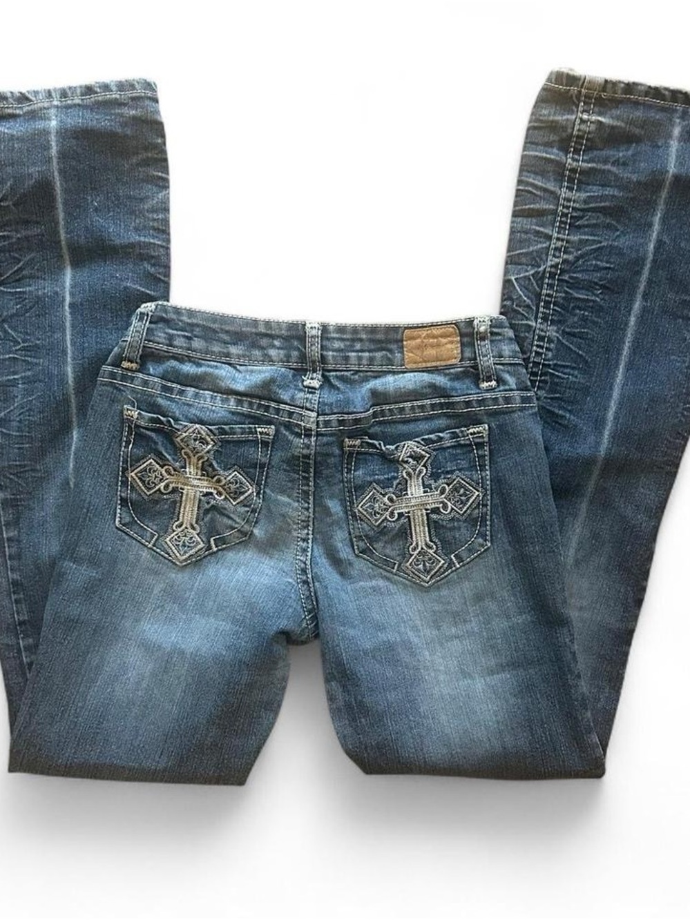 Abella Medium Blue Bootcut Jeans with Embroidered Cross Pockets